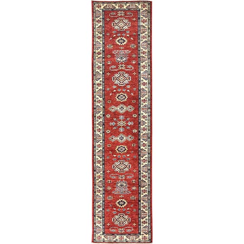 Fire Brick, Afghan Super Kazak With Geometric Medallions, Natural Dyes, Dense Weave, Organic Wool, Hand Knotted, Runner Oriental 