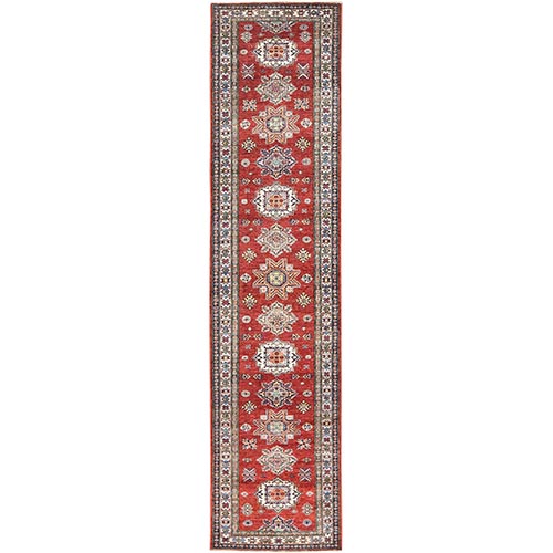 Fire Brick, Afghan Super Kazak With Geometric Medallions, Natural Dyes, Densely Woven, 100% Wool, Hand Knotted, Runner Oriental 