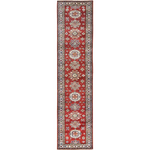 Fire Brick, Afghan Super Kazak With Geometric Medallions, Natural Dyes, Dense Weave, Pure Wool, Hand Knotted, Runner Oriental 