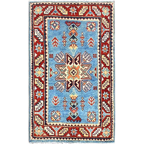 Powder Blue, Special Kazak with All Over Pattern Natural Dyes, Pure Wool Hand Knotted, Mat Oriental 