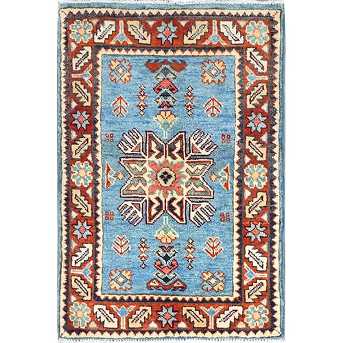 Baby Blue, Special Kazak with Geometric Medallion Design, Hand Knotted, Pure Wool, Natural Dyes Oriental Mat 