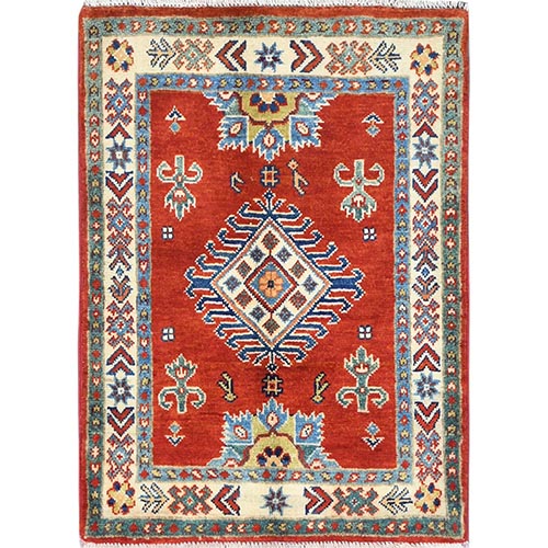 Scarlet Red, Special Kazak with Geometric Design, Pure Wool, Natural Dyes, Hand Knotted, Mat, Oriental 