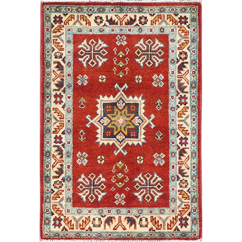 Chili Red, Hand Knotted Special Kazak with Geometric Design, Natural Dyes, Pure Wool, Oriental, Mat 