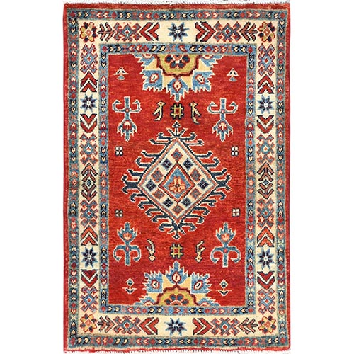 Chili Red, Hand Knotted Special Kazak with Tribal Design, Pure Wool, Natural Dyes, Mat, Oriental 