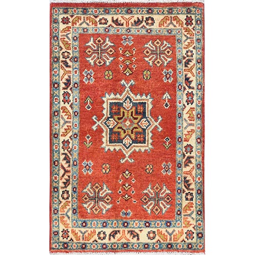 Mandarin Red, Pure Wool Special Kazak with Geometric Medallion Design, Hand Knotted, Mat, Oriental 