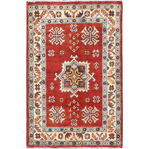 Chili Red, Special Kazak with Geometric Pattern, Natural Dyes, Hand Knotted, Pure Wool, Mat, Oriental 