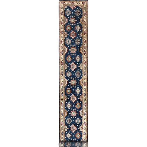 Yale Blue, Soft Wool Hand Knotted, Special Kazak with Geometric Pattern Natural Dyes, XL Runner Oriental 