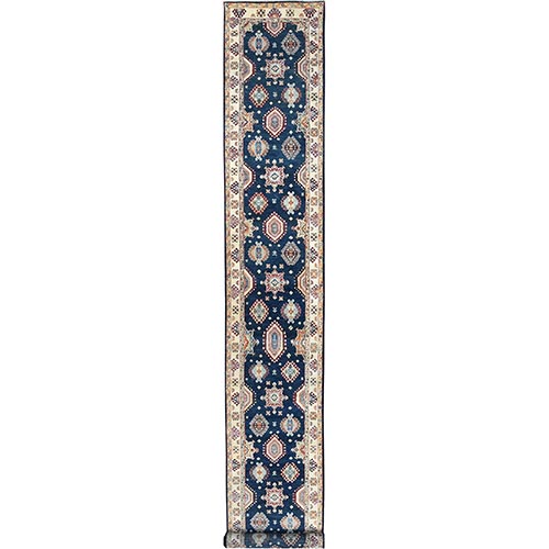 Yale Blue, Hand Knotted Special Kazak with Geometric Pattern, Natural Dyes Extra Soft Wool, XL Runner Oriental 