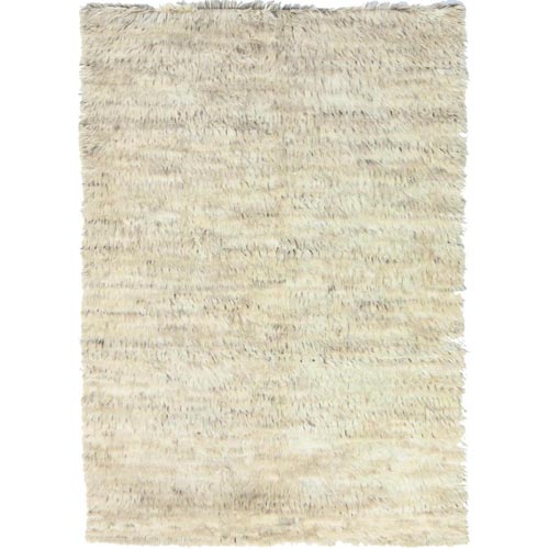 Beige, Hand Knotted Shaggy Moroccan Exotic Texture, Undyed Natural Wool, Oriental Rug