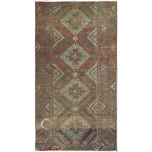 Burnt Umber Brown, Bohemian Vintage Persian Baluch, Sheared Low, Worn Wool, Hand Knotted Oriental Rug