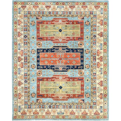 Light Blue, Armenian Inspired Caucasian Design 200 KPSI, Vegetable Dyes Dense Weave, Pure Wool Hand Knotted, Oriental Rug