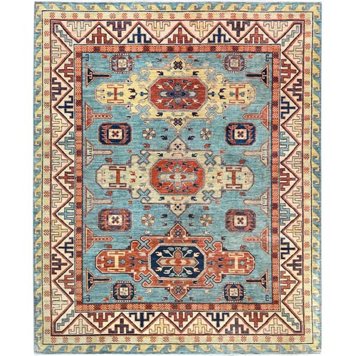 Turquoise Blue, Hand Knotted Armenian Inspired Caucasian Design, 200 KPSI Natural Dyes, Densely Woven Soft Wool, Oriental Rug