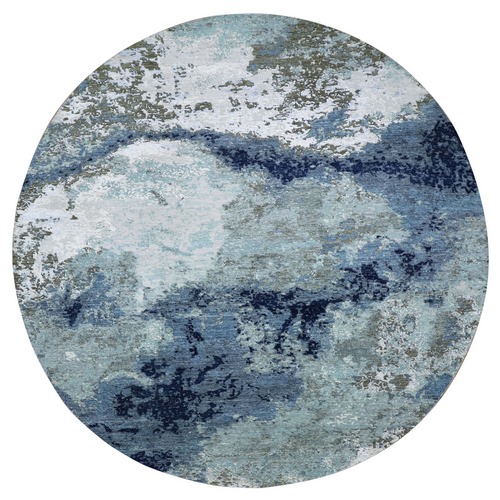 Blue Modern Abstract Design, Pure Wool, Hand Knotted, Persian Knot Densely Woven, Round Oriental Rug
