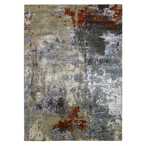 Eggshell Gray, Abstract Design, Densely Woven Persian Knot, Natural Wool Hand Knotted, Oriental Rug