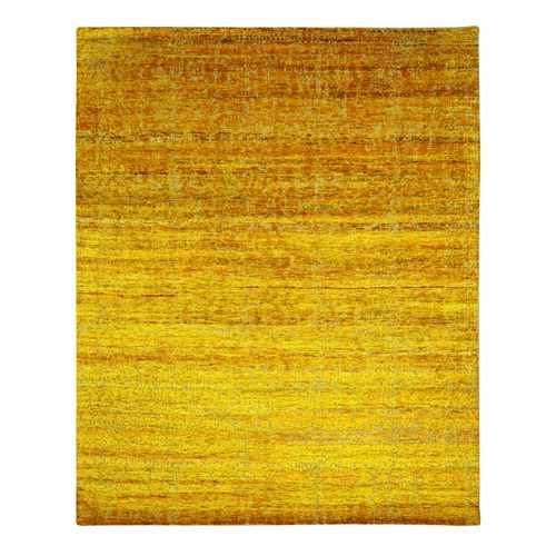 Gold Color, Hand Knotted Contemporary Design, Densely Woven Persian Knot, Sari Silk with Textured Pile, Oriental 