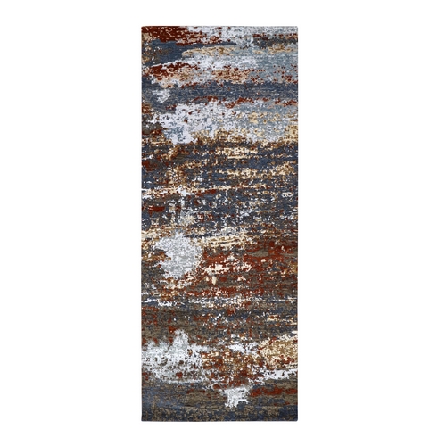 Arsenic Gray, Abstract Design, Densely Woven Persian Knot, Organic Wool Hand Knotted, Wide Runner Oriental Rug