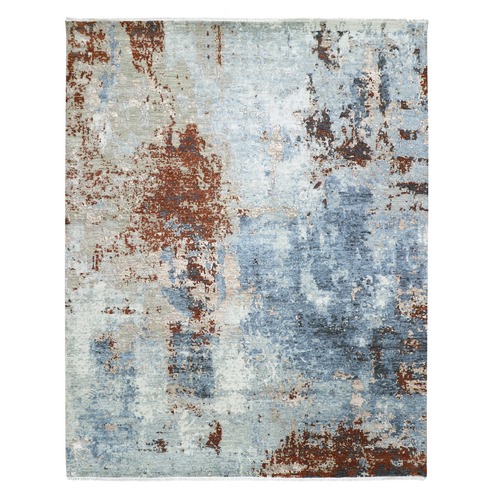 Thundercloud Gray and Vermilion Red, Natural Wool Modern Abstract Design, Denser Weave Hand Knotted, Oriental Rug 
