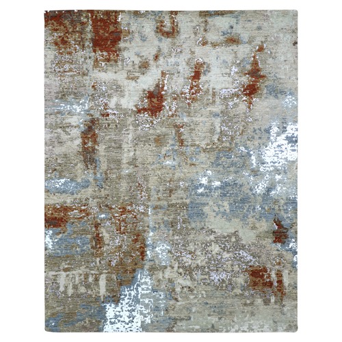 Macadamia Beige With Shade Of Barn Red, Organic Wool Densely Woven, Hand Knotted Abstract Design, Oriental Rug 