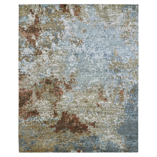 Neutral Gray With Mix of Gold, Hand Knotted, Densely Woven, Pure Wool Abstract Design Oriental Rug