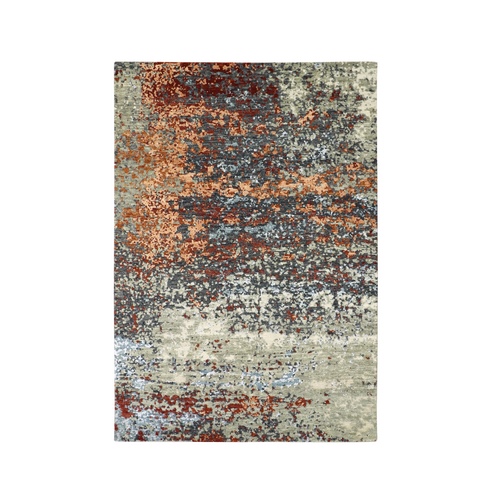 Charcoal Gray with Orange, Persian Knot, Abstract with Galaxy Design, Pure Wool, Hand Knotted, Densely Woven, Oriental 