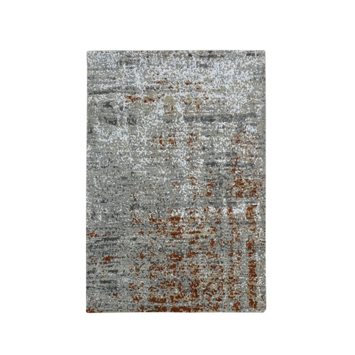 Spanish Gray with Rust, Persian Knot, Abstract with Galaxy Design, Pure Wool, Hand Knotted, Densely Woven, Oriental 