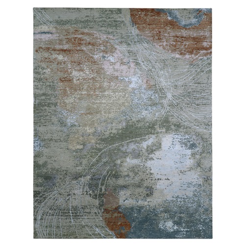 Sage Green with Gray, Densely Woven, Abstract with Galaxy Design, Persian Knot, 100% Wool, Hand Knotted, Oriental 