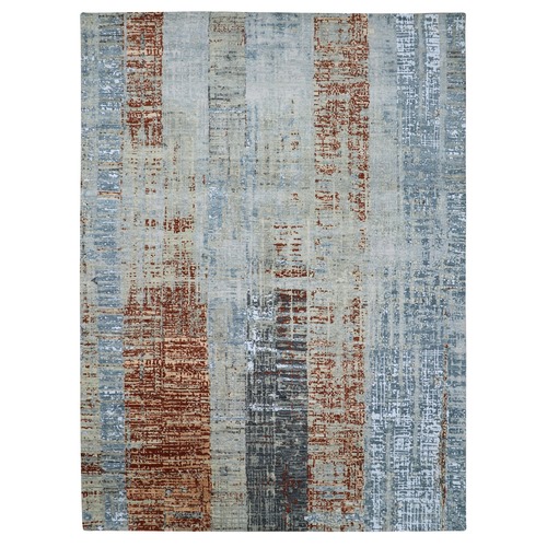 Misty Gray with Rust, Persian Knot, Abstract with Galaxy Design, 100% Wool, Hand Knotted, Densely Woven, Oriental 