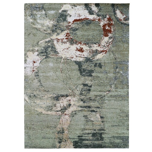 Swamp Green, Densely Woven, Modern Design with Circles, Persian Knot, Hand Knotted, 100% Wool, Oriental 