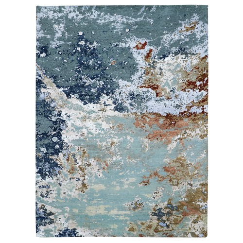 Shades of Blue, Densely Woven, Persian Knot, Abstract with Galaxy Design, 100% Wool, Hand Knotted, Oriental 