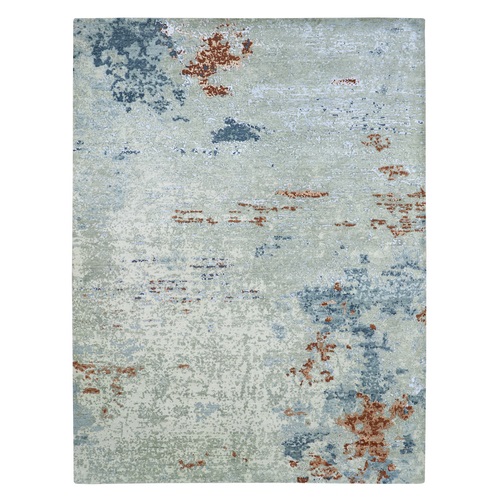 Slate Green with Gray, Abstract with Galaxy Design, 100% Wool, Hand Knotted, Densely Woven, Persian Knot, Oriental 