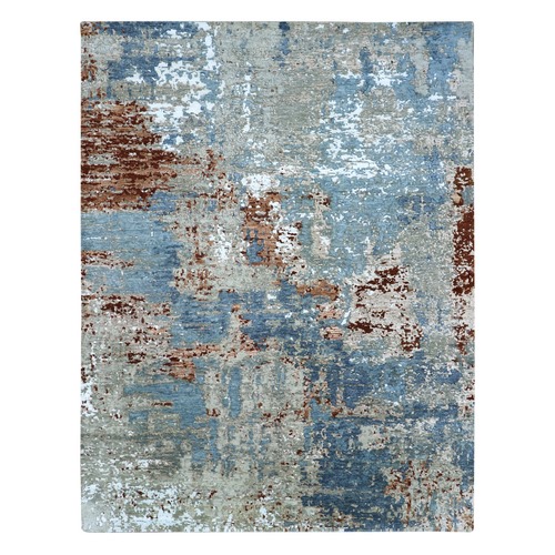 Carolina Blue with Rust, Hand Knotted, Abstract with Galaxy Design, Persian Knot, 100% Wool, Densely Woven, Oriental 