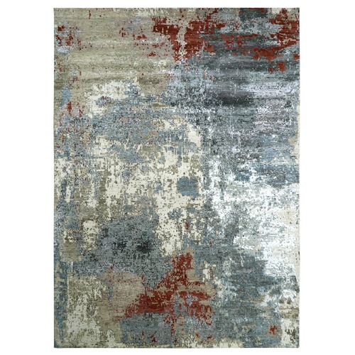 Misty Gray with Beige, Hand Knotted, Persian Knot, Abstract with Galaxy Design, 100% Wool, Densely Woven, Oriental 
