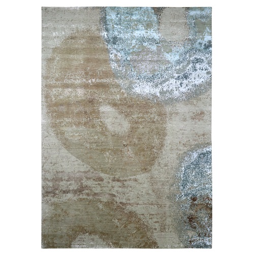 Beige and Light Blue, Modern Design, Densely Woven, Persian Knot, 100% Wool, Hand Knotted, Oriental 