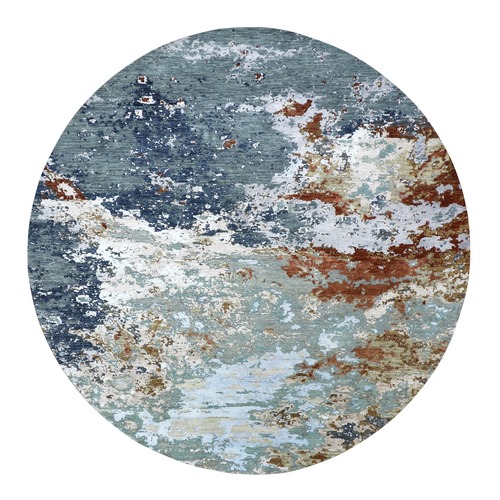 Misty Gray with Rust, Abstract with Galaxy Design, 100% Wool, Hand Knotted, Densely Woven, Persian Knot, Round, Oriental 