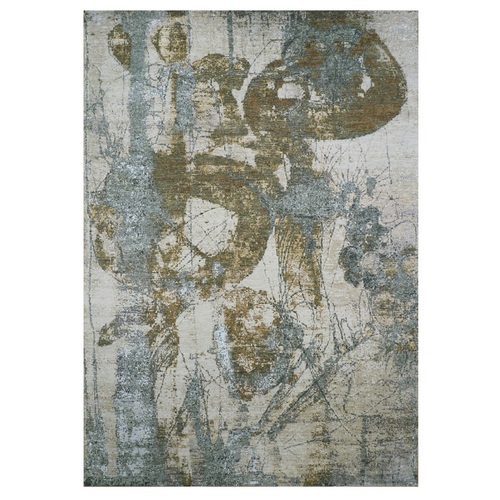 Bone White with Brown, Modern Abstract Design, Persian Knot, Hand Knotted, 100% Wool, Densely Woven, Oriental Rug