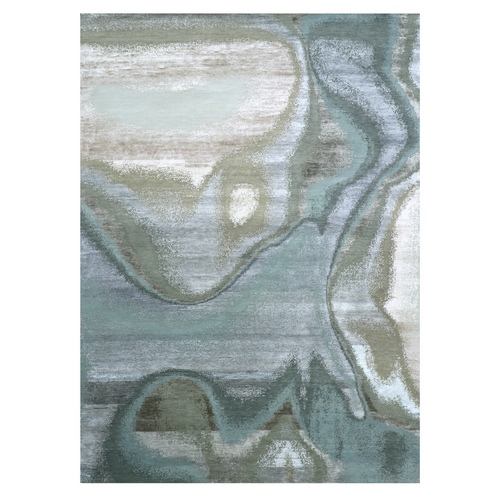 Turkish Blue with Ivory, Modern Design, Hand Knotted, 100% Wool, Densely Woven, Oriental Rug