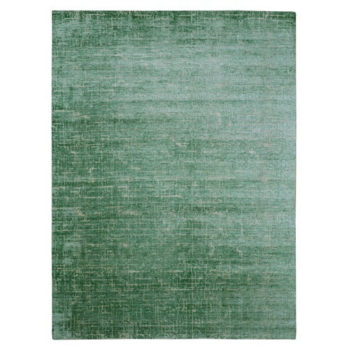 Hunter Green, Contemporary Design, Densely Woven, Persian Knot, Sari Silk with Textured Pile, Hand Knotted, Oriental Rug