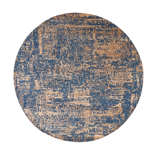 Copper Brown and Navy, Contemporary Design, Densely Woven, Persian Knot, Hand Knotted, Silk with Textured Wool Pile, Tone on Tone, Round, Oriental 