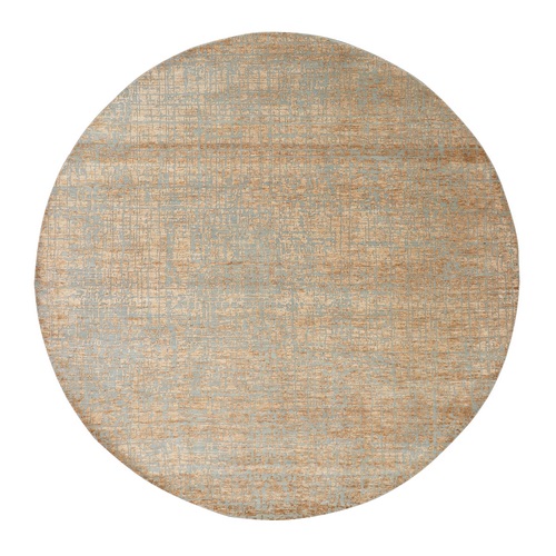 Caramel Brown, Contemporary Design, Densely Woven, Persian Knot, Silk with Textured Wool Pile, Tone on Tone, Hand Knotted, Round, Oriental 