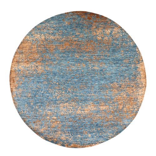 Carolina Blue, Contemporary Design, Densely Woven, Hand Knotted, Persian Knot, Silk with Textured Wool Pile, Tone on Tone, Round, Oriental 