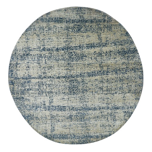 Buff Yellow, Contemporary Design, Densely Woven, Persian Knot, Silk with Textured Wool Pile, Tone on Tone, Hand Knotted, Round, Oriental 