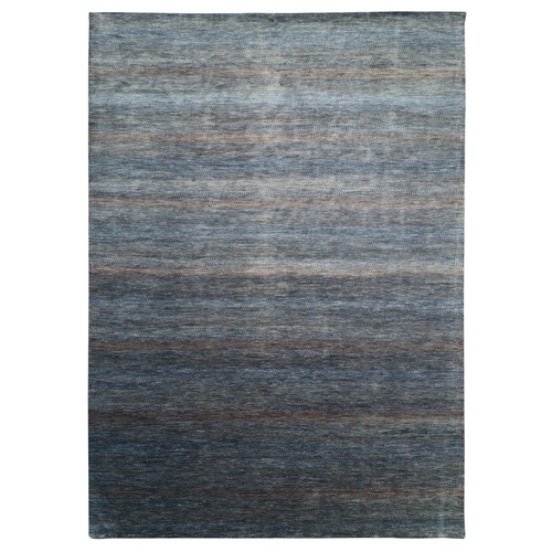 Sailor Blue, Colorful Grass Design, Modern, Hand Knotted, Wool and Silk, Tone on Tone, Oriental 
