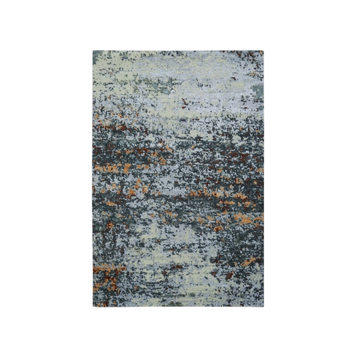 Opal Gray, Persian Knot, Abstract with Galaxy Design, 100% Wool, Hand Knotted, Densely Woven, Oriental 