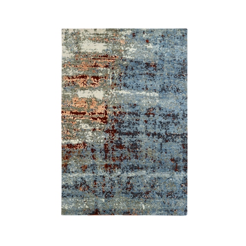 Light Blue with Rust, Persian Knot, Abstract with Galaxy Design, 100% Wool, Hand Knotted, Densely Woven, Oriental 