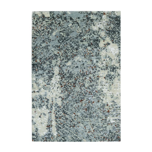 Charcoal Gray with Beige, Hand Knotted, Persian Knot, Abstract with Galaxy Design, 100% Wool, Densely Woven, Oriental 