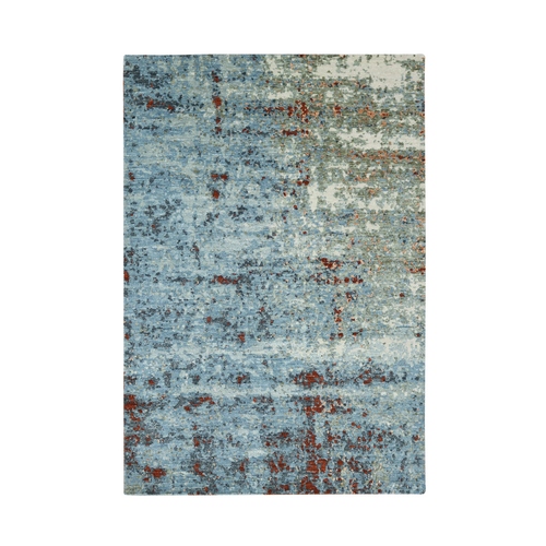 Carolina Blue with Rust, Persian Knot, Abstract with Galaxy Design, 100% Wool, Hand Knotted, Densely Woven, Oriental 