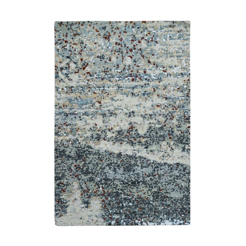 Charcoal Gray with Beige, Abstract with Galaxy Design, 100% Wool, Hand Knotted, Persian Knot, Densely Woven, Oriental 