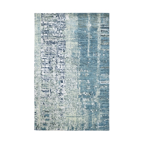 Aqua Blue with Green, Persian Knot, Abstract with Galaxy Design, 100% Wool, Hand Knotted, Densely Woven, Oriental 