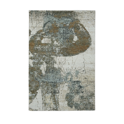 Bone White with Brown, Modern Abstract Design, Densely Woven, Persian Knot, 100% Wool, Hand Knotted, Oriental 