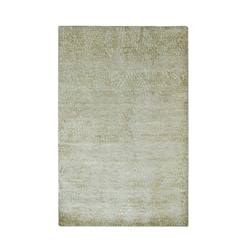 Ivory and Gold, Contemporary Design, Densely Woven, Persian Knot, Hand Knotted, Silk with Textured Wool Pile, Tone on Tone, Oriental 